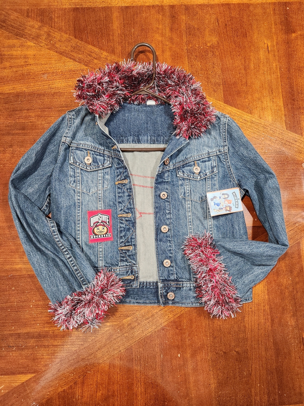 New Riders by Lee Girls' Ohio St Denim Jacket with Red & White Fuzzy Trim Large